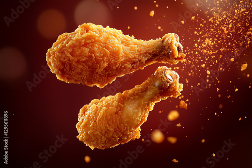 Zoom in shot of a two crispy chicken floating in red background.  concept  for crispy chicken poster advertisement.  KFC chicken, Fried chicken, Party chicken.
