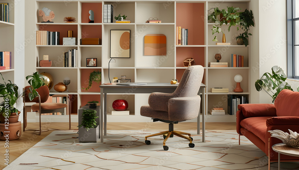Fototapeta premium Modern Home Office Illustration: Beige and Terracotta Decor
