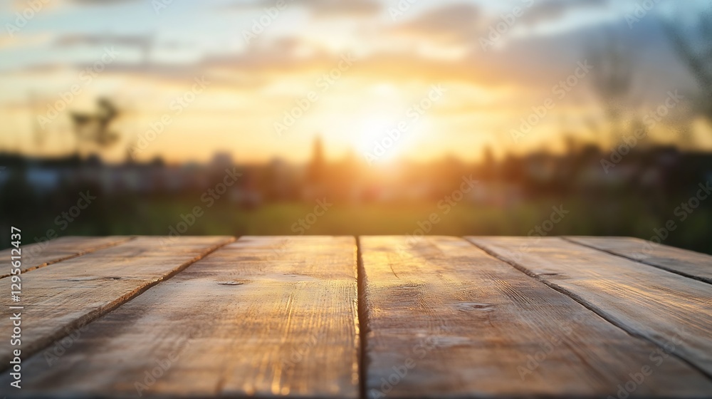 Obraz premium Serene wooden table with a sunset backdrop creating a warm golden glow in a natural setting : Generative AI