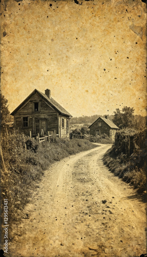 Vintage photo of a village street with houses. An image with an antique effect, scuffs and torn edges.