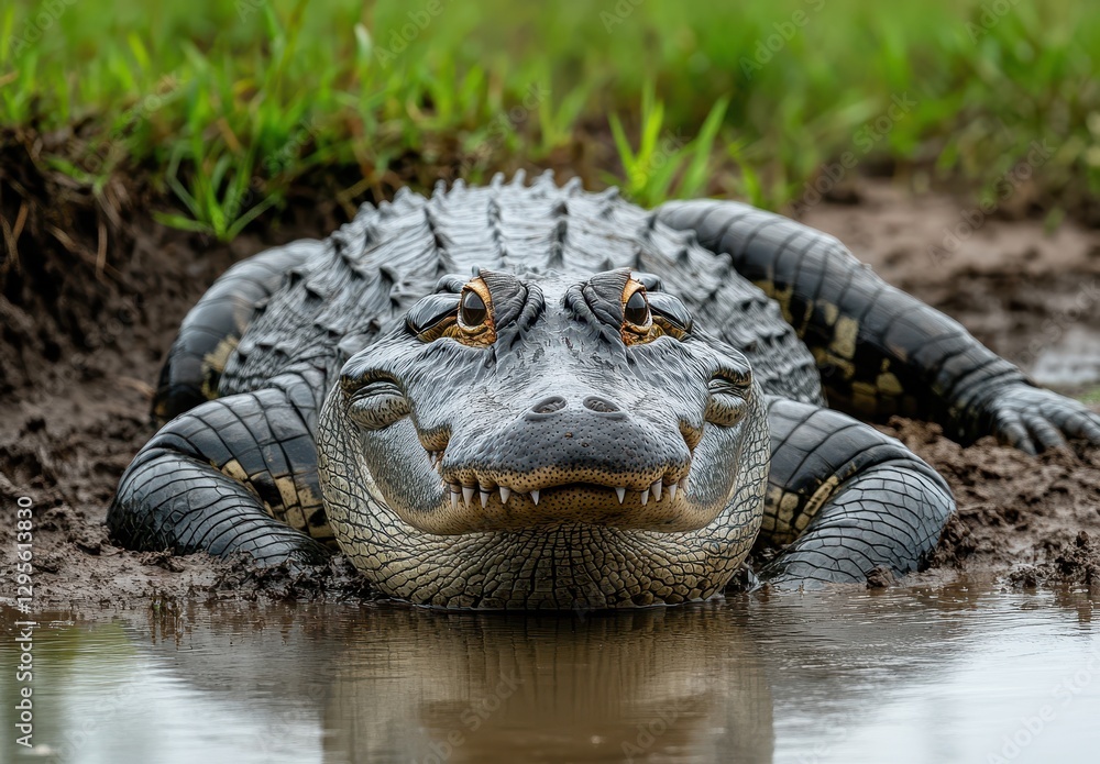 Fototapeta premium Close-up View of a Large Alligator Lying on the Bank of a Marshy Area, Showcasing Textured Skin and Intense Eyes in Natural Habitat