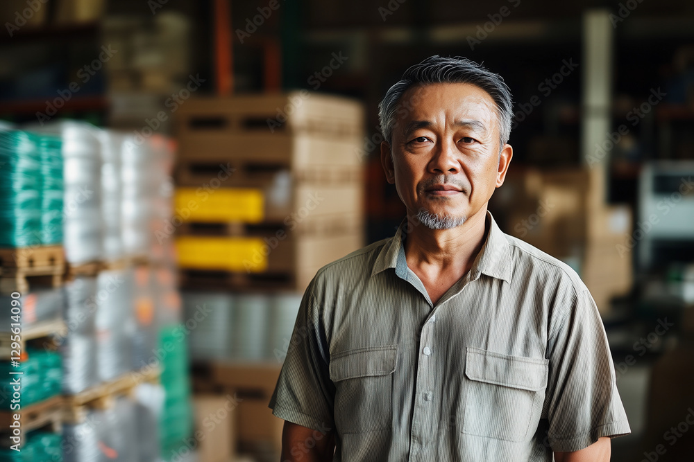 man stands in front of a warehouse with a serious expression on his face. He is wearing a grey shirt and he is in a warehouse man stands in front of a warehouse with a serious expression on his face. He is wearing a grey shirt and he is in a warehouse