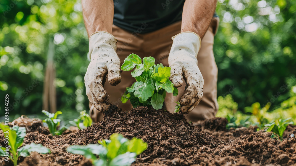 Fototapeta premium gardener planting young green plant in rich soil, showcasing dedication to gardening and nature