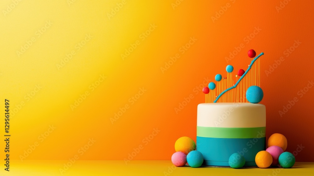 A vibrant cake featuring chart decorations sits against a bright background, symbolizing celebration and creativity. Ideal for festive themes and designs. A vibrant cake featuring chart decorations sits against a bright background, symbolizing celebration and creativity. Ideal for festive themes and designs.