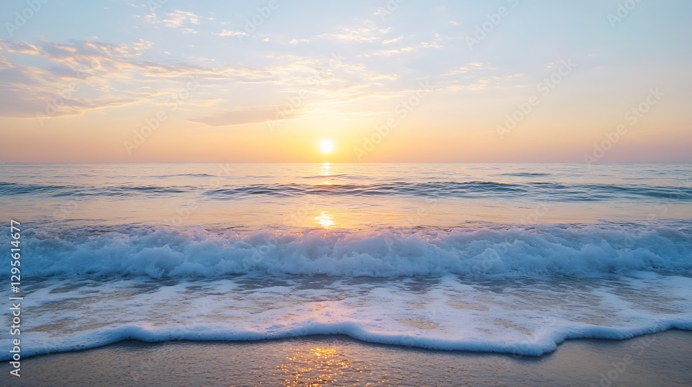 Obraz premium Soft Sunrise Over Ocean Waves at Dawn with Gentle Light and Serenity : Generative AI