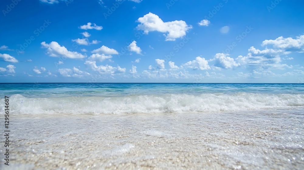 Fototapeta premium Peaceful view of a pristine beach with gentle waves and a clear blue sky on a bright sunny day : Generative AI