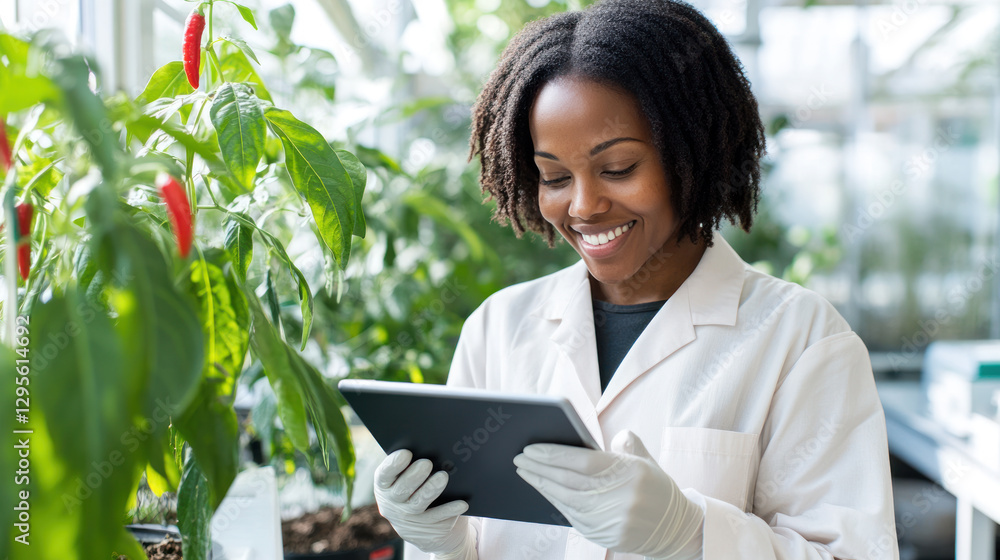 Black agricultural scientist woman holding tablet working in chile plant modern greenhouse Black agricultural scientist woman holding tablet working in chile plant modern greenhouse