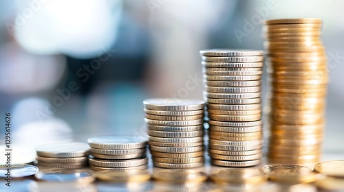 Stacked Coins of Various Sizes Representing Financial Growth and Savings in a Modern Setting : Generative AI photo