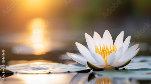 Graceful White Water Lily Blossoming in a Calm Reflective Pond at Dusk : Generative AI