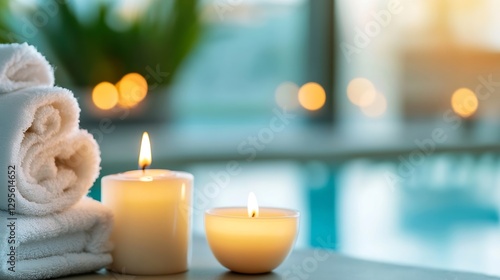 Spa relaxation scene with soft towels, lit candles and a soothing ambiance for tranquility and peace : Generative AI photo