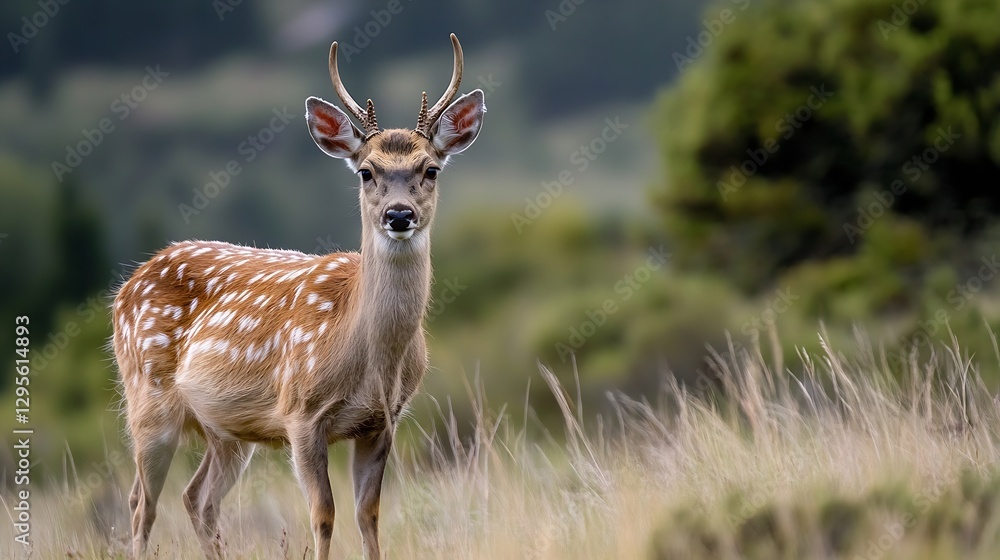 Fototapeta premium Majestic Young Deer Standing Gracefully in a Lush Green Field : Generative AI