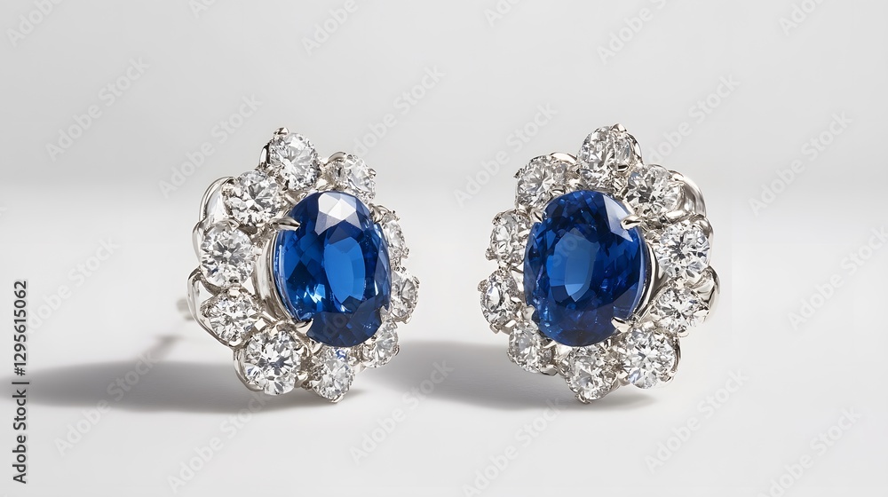 A pair of sapphire earrings set in white gold, displayed against a pristine white surface A pair of sapphire earrings set in white gold, displayed against a pristine white surface