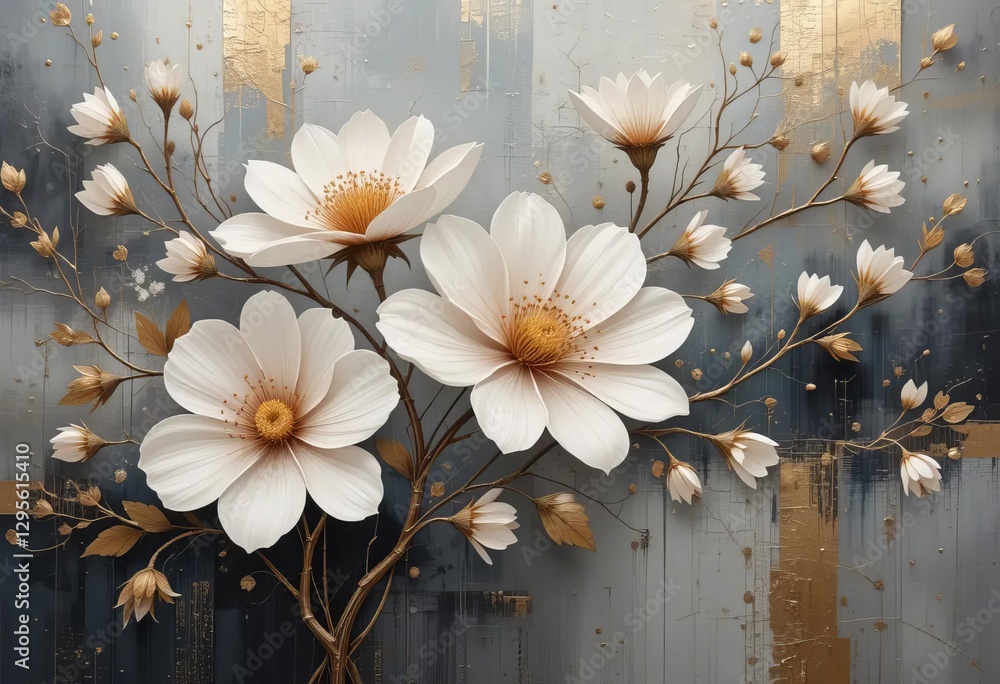 Obraz premium An abstract painting with flowers, branches, and gold elements on a grey background