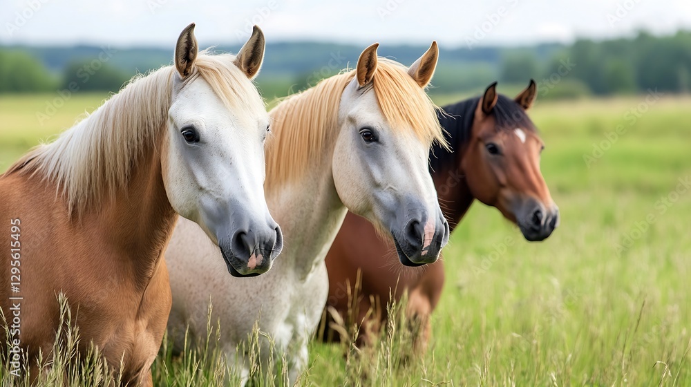 Fototapeta premium Three Majestic Horses Grazing in a Lush Green Field Under a Bright Sky : Generative AI