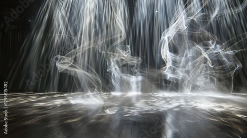 Mystical swirling mist and luminescent smoke in a fluid fantasia, creating an abstract fog dance of dark and light on a black floor background.