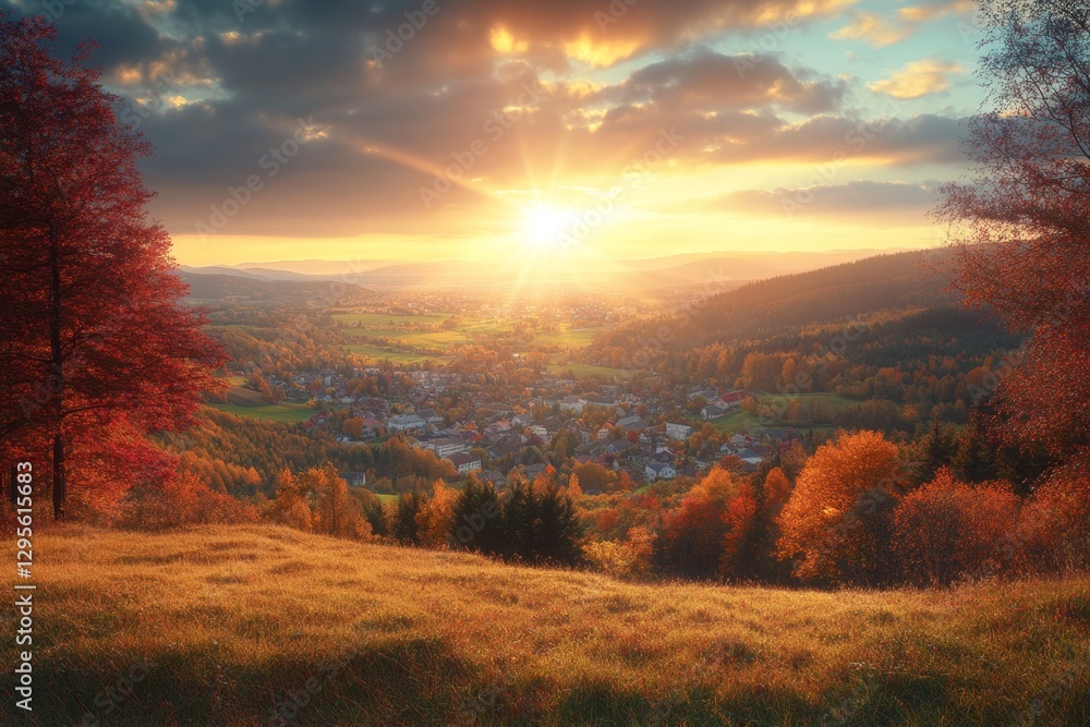Fototapeta premium Autumn sunset over valley town