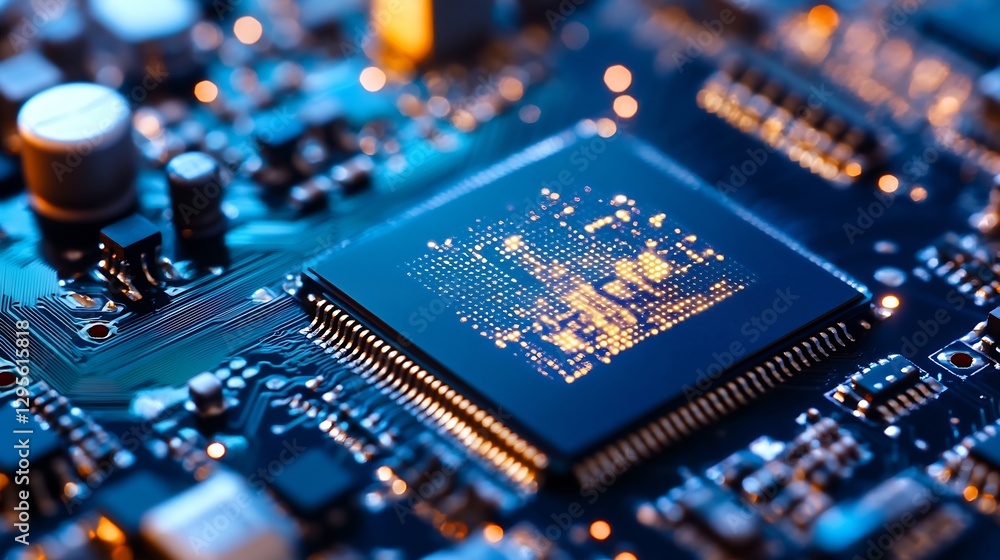 Fototapeta premium Close Up of a Computer Microchip with High Detail and Technology Circuitry Background : Generative AI