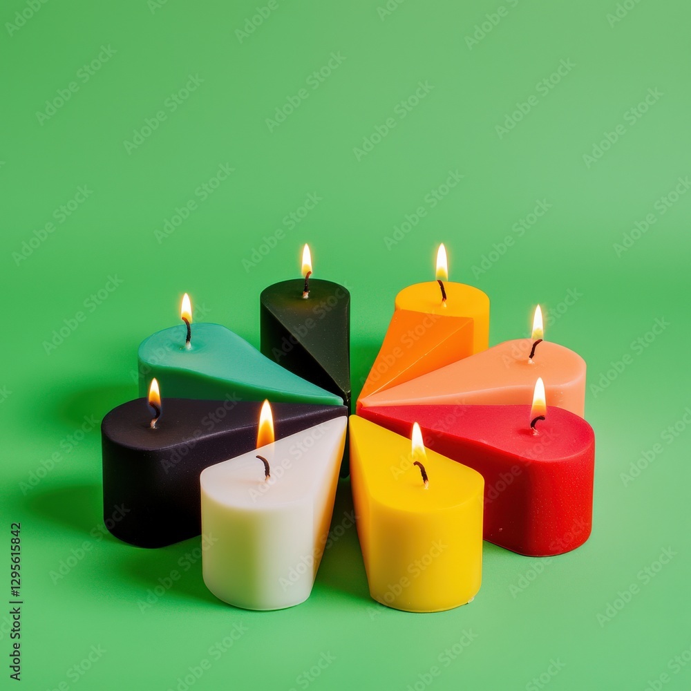Vibrant colored candles arranged in a circular pattern on a bright green backdrop. Perfect for themes of relaxation, celebration, and ambiance. Vibrant colored candles arranged in a circular pattern on a bright green backdrop. Perfect for themes of relaxation, celebration, and ambiance.