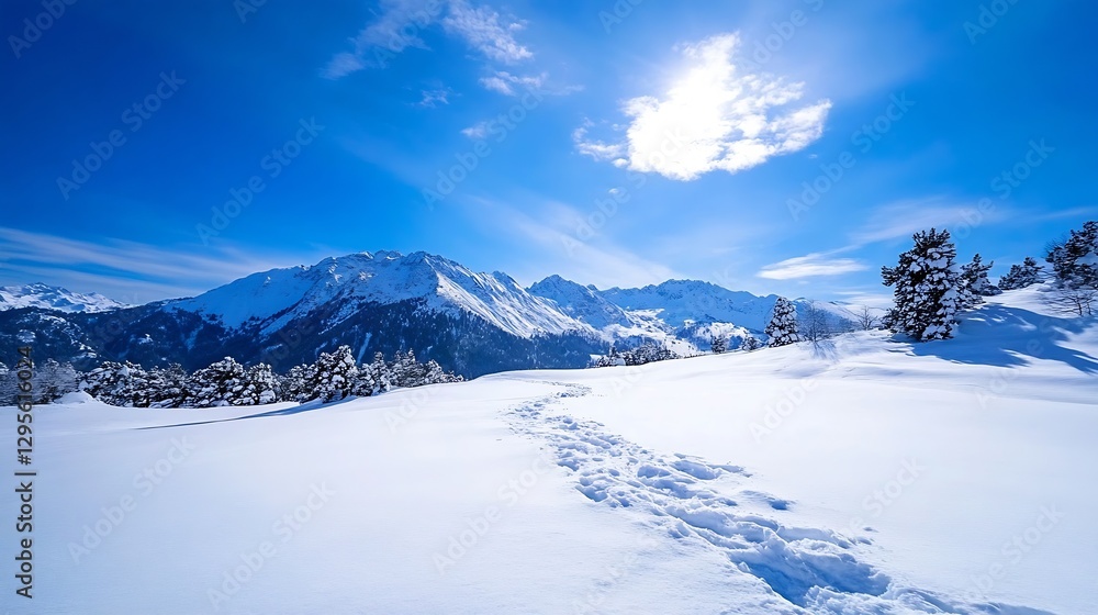 Obraz premium Breathtaking Snow-Covered Mountain Landscape with a Clear Blue Sky and Sunshine : Generative AI