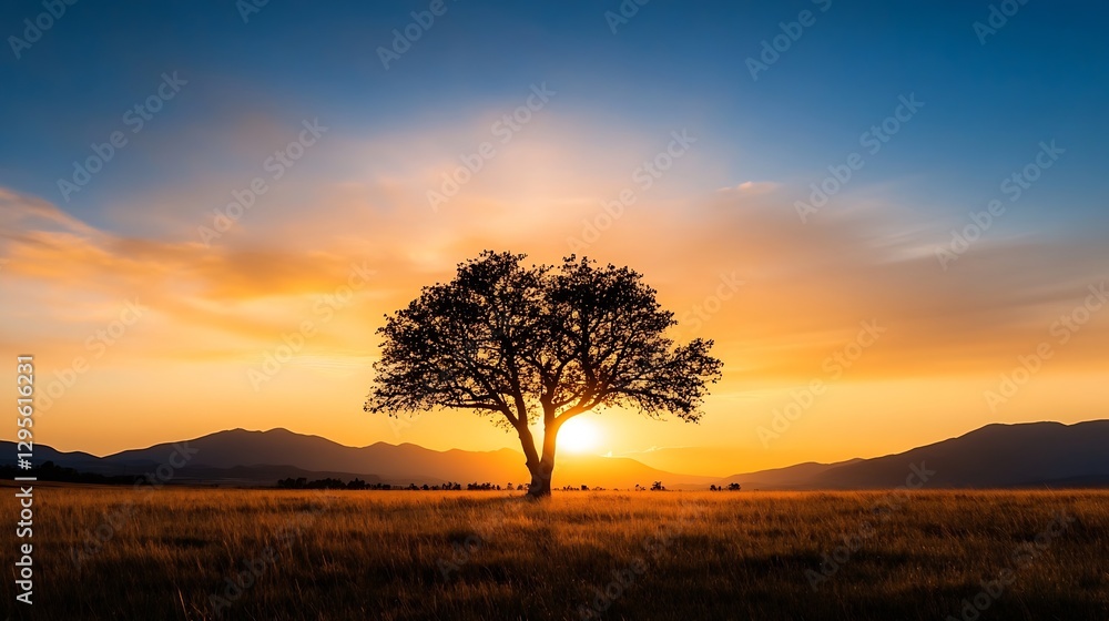 Obraz premium Majestic solitary tree silhouetted against a vibrant sunset over rolling hills and open fields : Generative AI