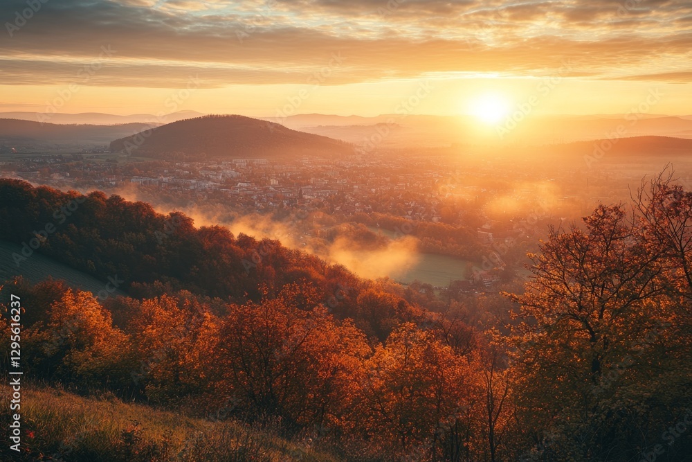 Fototapeta premium Autumn Sunrise Over Mountain Town