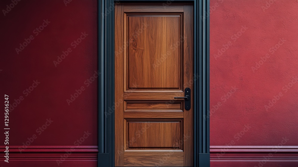 Walnut door with black handle on burgundy wall in modern interior design Walnut door with black handle on burgundy wall in modern interior design
