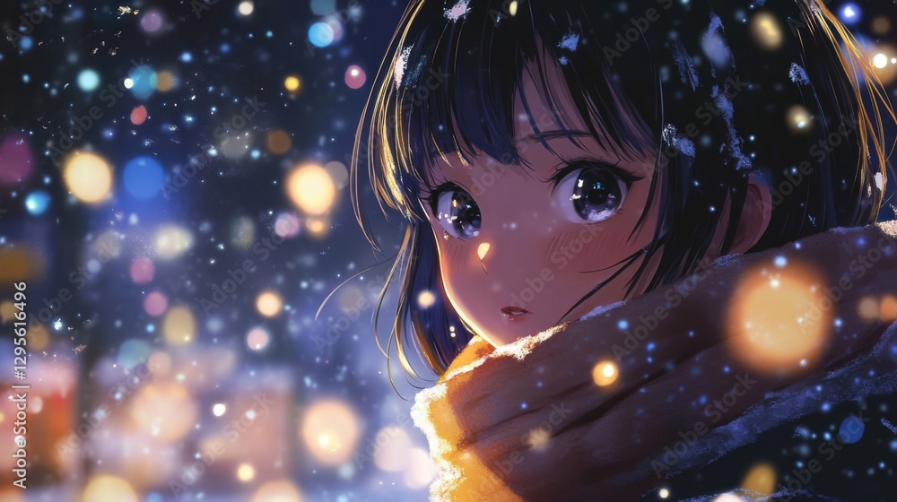 Girl in Warm Scarf Amidst Falling Snow and City Lights Girl in Warm Scarf Amidst Falling Snow and City Lights