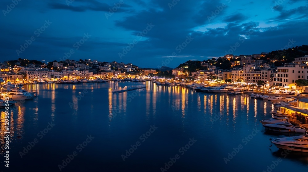 Coastal Town Illuminated at Night with Boats Docked by The Waterfront : Generative AI Coastal Town Illuminated at Night with Boats Docked by The Waterfront : Generative AI