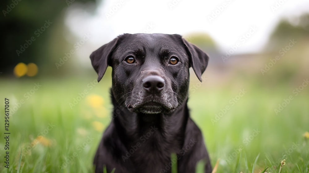 Close Up Portrait of a Black Labrador Dog Sitting in a Field with Blurred Green Background : Generative AI Close Up Portrait of a Black Labrador Dog Sitting in a Field with Blurred Green Background : Generative AI