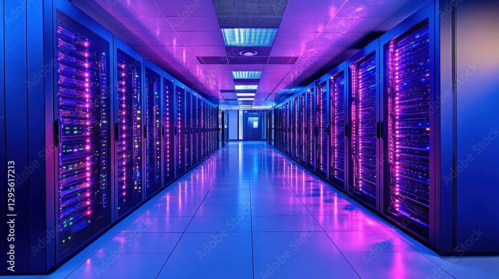 Rows of illuminated server racks in a modern data center. Illustrates data storage, processing power, and digital infrastructure. Rows of illuminated server racks in a modern data center. Illustrates data storage, processing power, and digital infrastructure.