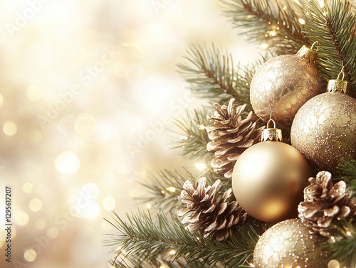 Festive beige Christmas background with pine branches and silver baubles.