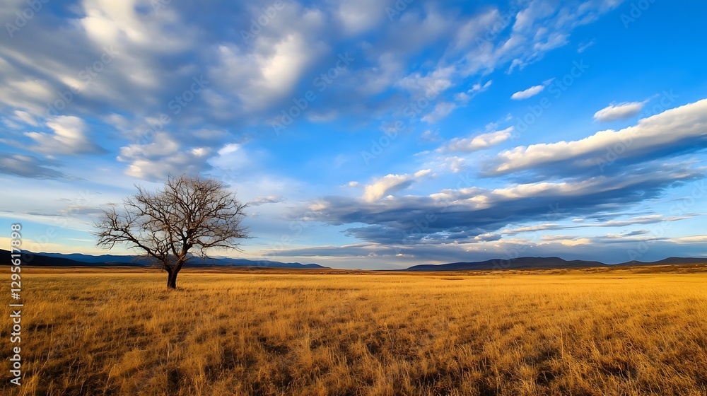 Lone tree in a vast golden field under a blue sky filled with clouds during a sunny day : Generative AI Lone tree in a vast golden field under a blue sky filled with clouds during a sunny day : Generative AI