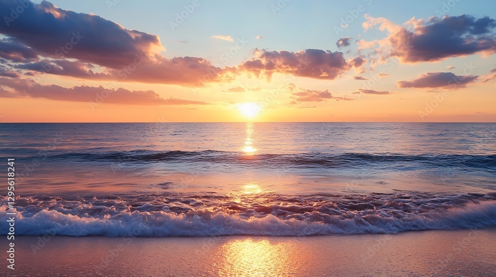 Fototapeta premium Breathtaking sunset over the ocean with golden rays reflecting on the water and clouds scattered across the sky : Generative AI