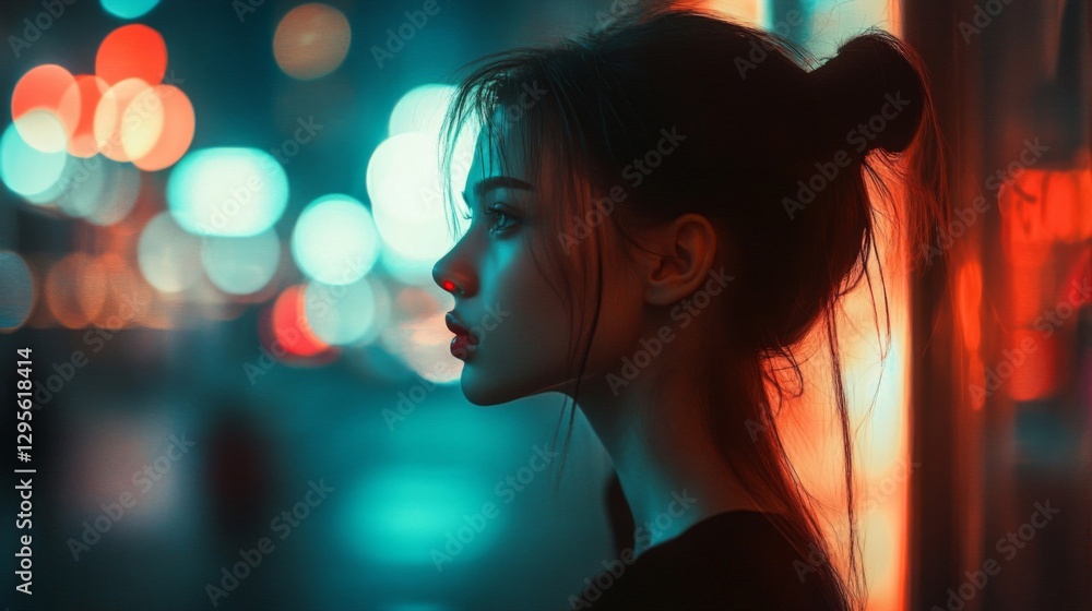 Fototapeta premium Young Woman at Night in a City with Colorful Lights