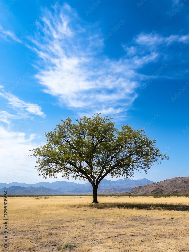 Isolated Tree Standing Tall in a Sunny Open Field with Rolling Hills and Blue Sky : Generative AI Isolated Tree Standing Tall in a Sunny Open Field with Rolling Hills and Blue Sky : Generative AI