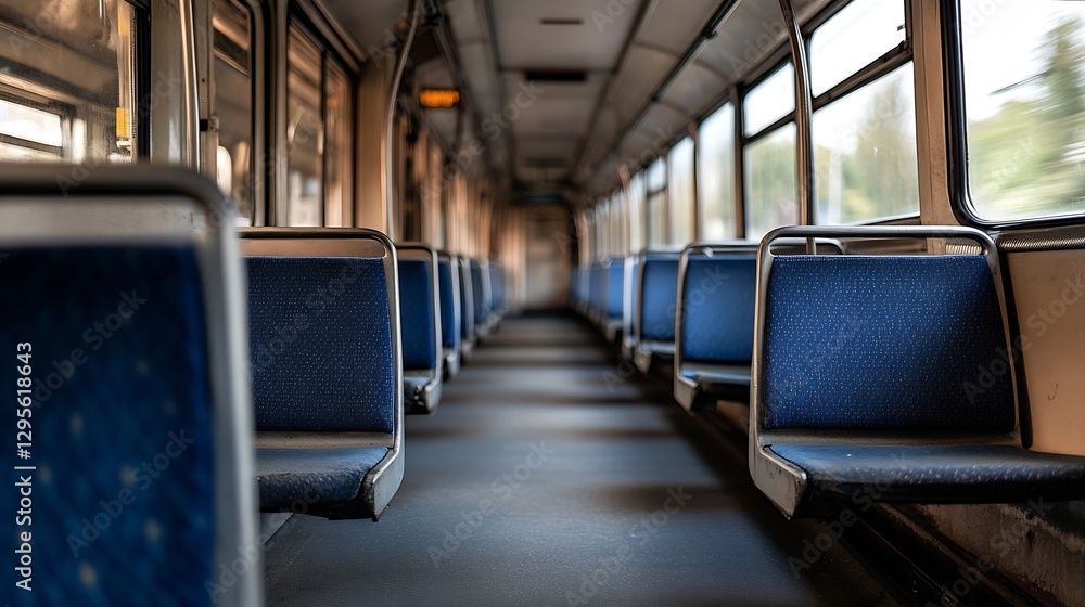 Fototapeta premium Interior of Public Transport Train Showing Empty Seats and Aisle Space : Generative AI
