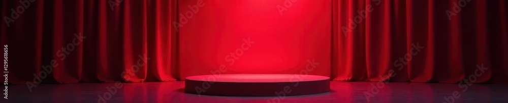 Obraz premium Elevated stage platform; red spotlight illuminates backdrop curtain, theater, stage, backstage