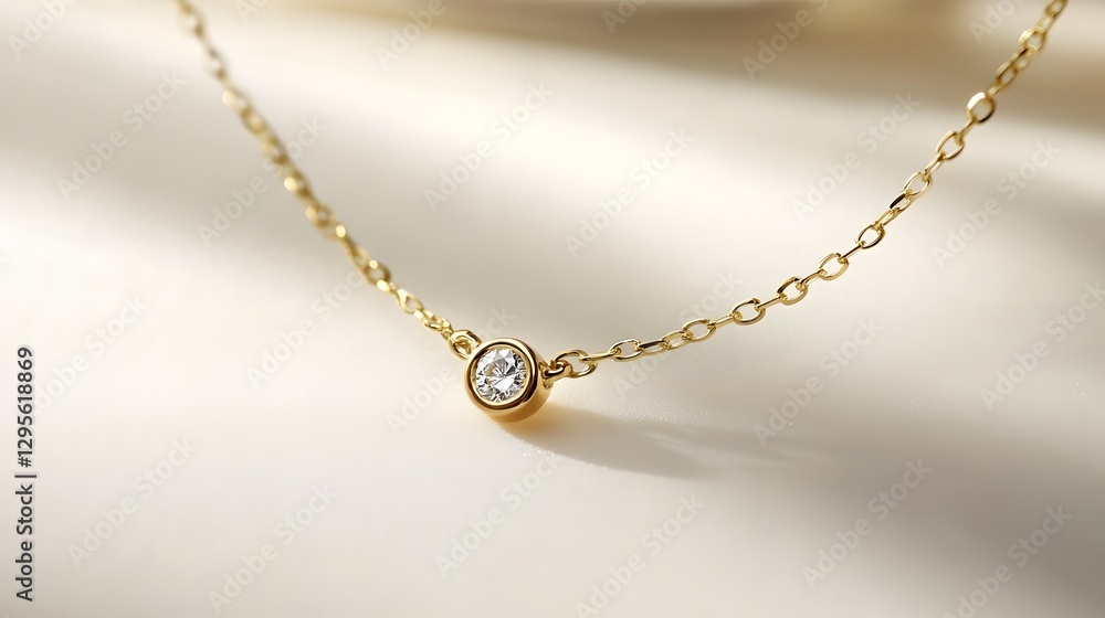 A delicate gold necklace with a small diamond pendant, displayed on a smooth white surface A delicate gold necklace with a small diamond pendant, displayed on a smooth white surface