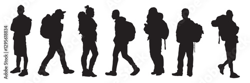 A group of people are walking in a line, each carrying a backpack. The silhouettes of the people are drawn, and the backpacks are shown as well. Concept of adventure and travel