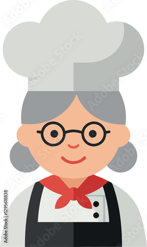 Cheerful elderly woman chef in flat design style wearing glasses and a chef hat, smiling warmly in vector art