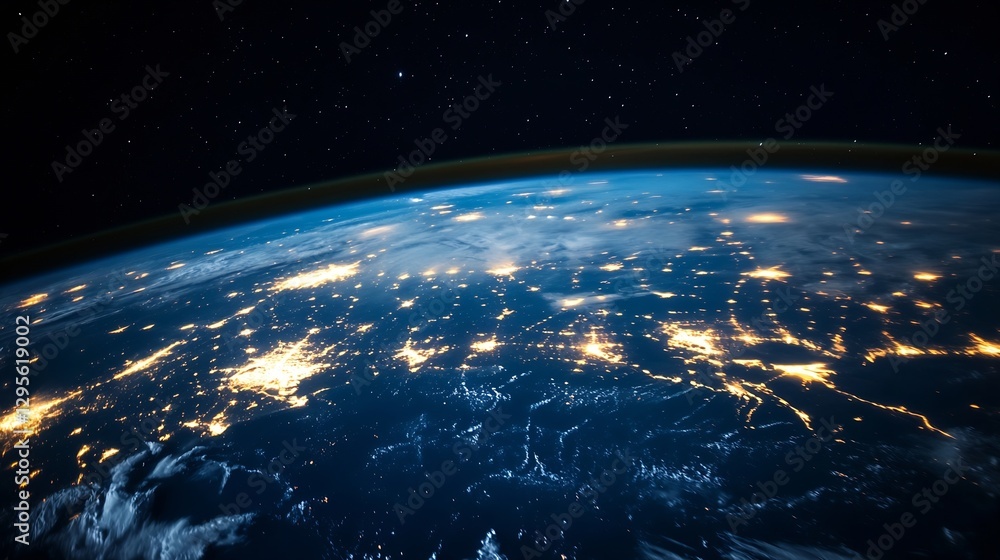 Stunning Aerial View of Earth from Space at Night Showcasing Bright City Lights and Stars : Generative AI Stunning Aerial View of Earth from Space at Night Showcasing Bright City Lights and Stars : Generative AI
