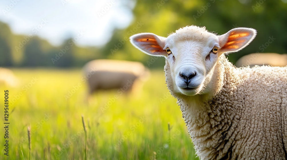 Fototapeta premium Curious sheep looking at the camera in a peaceful green meadow with other sheep grazing : Generative AI