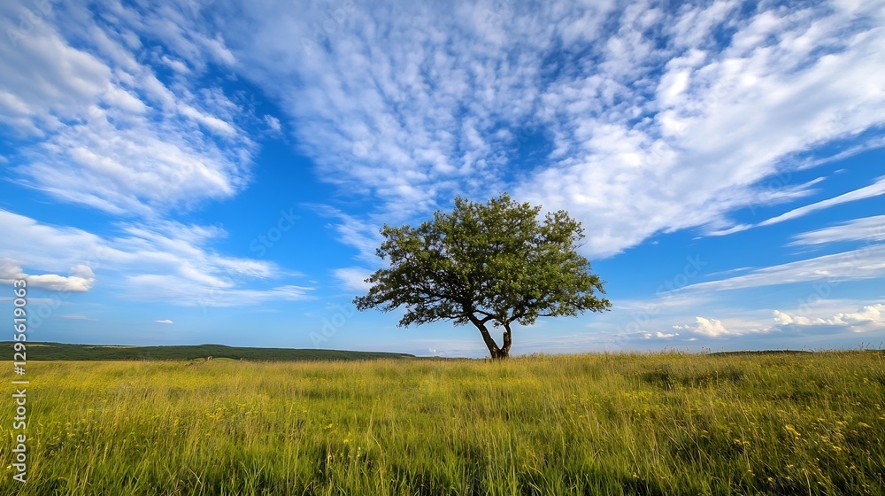 Lone Tree Standing Proudly in a Vast Open Green Field Under a Blue Sky : Generative AI Lone Tree Standing Proudly in a Vast Open Green Field Under a Blue Sky : Generative AI