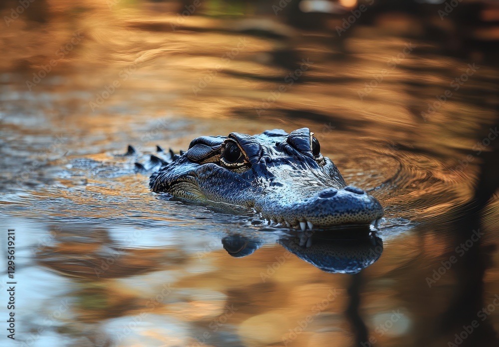 Obraz premium Close-Up View of an Alligator Swimming in Calm Waters Surrounded by Beautiful Natural Reflections and Warm Tones of Light in the Background