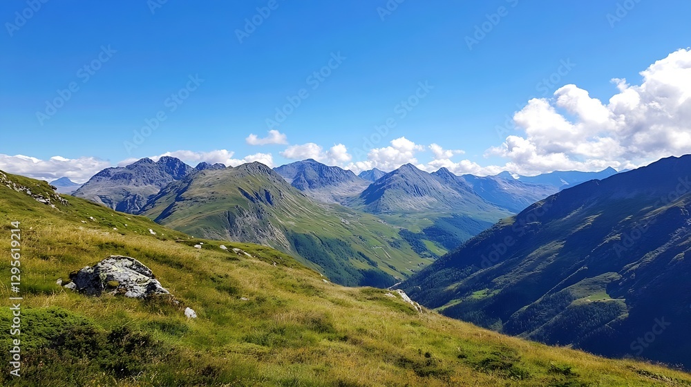 Stunning view of majestic mountains under a clear blue sky at daylight with lush greenery : Generative AI Stunning view of majestic mountains under a clear blue sky at daylight with lush greenery : Generative AI