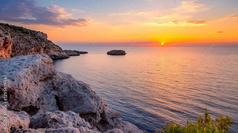 Stunning sunset view over calm ocean waters with rocky cliff formations : Generative AI Stunning sunset view over calm ocean waters with rocky cliff formations : Generative AI