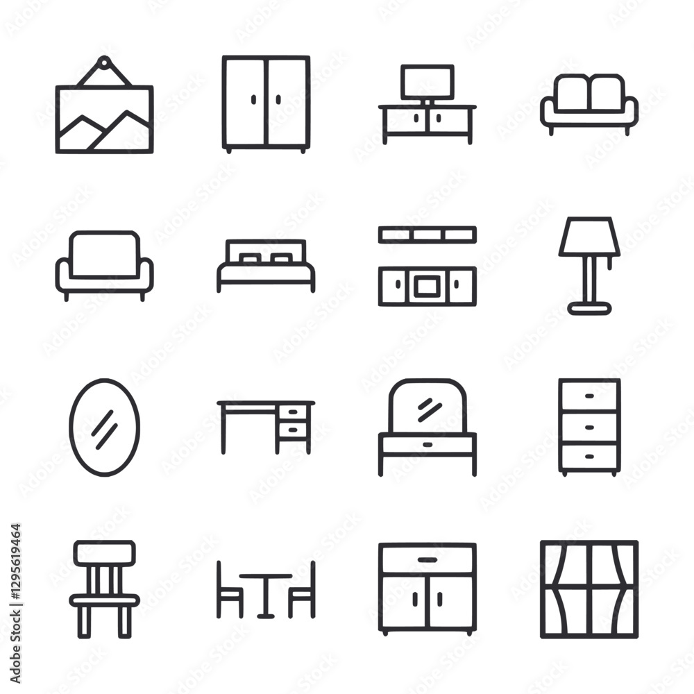 A set of furniture icons including a bed, dresser, chair, table, and lamp A set of furniture icons including a bed, dresser, chair, table, and lamp