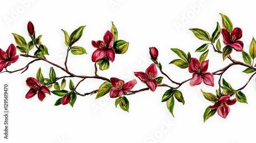 Wallpaper Mural Delicate branch with vibrant pink flowers and green leaves against a white background Torontodigital.ca