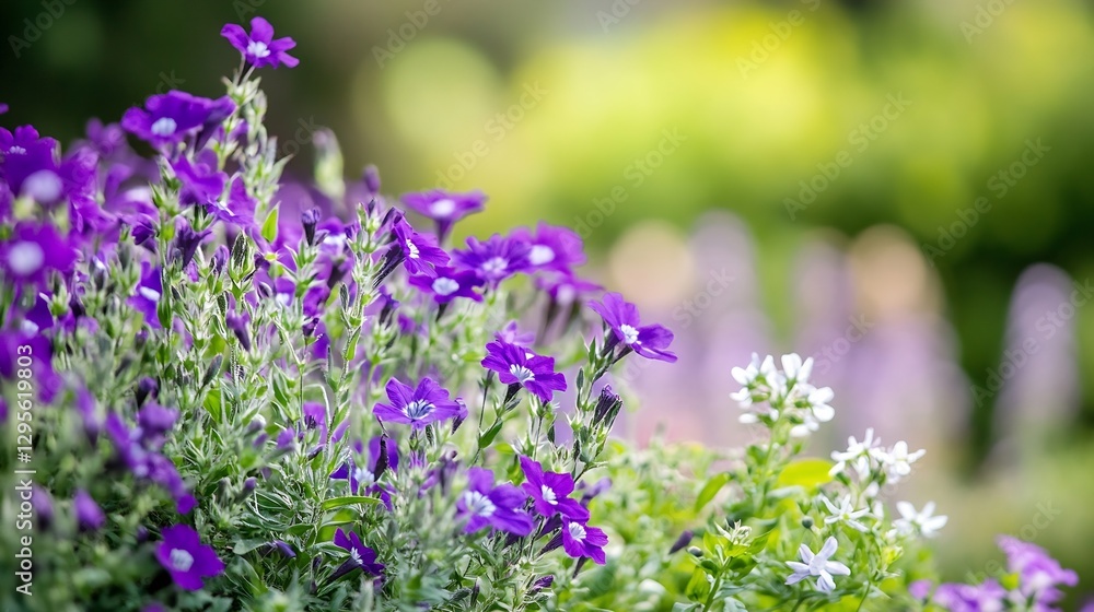 Fototapeta premium Vibrant Purple Flowers Blooming in a Lush Green Garden in Spring : Generative AI