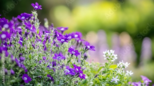 Vibrant Purple Flowers Blooming in a Lush Green Garden in Spring : Generative AI